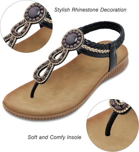 صنادل مسطحة للنساء من WESIDOM، صنادل شاطئ صيفية داعمة للقوس وحجر الراين على شكل حرف T وحزام مطاطي ونعل مطاطي in Kuwait