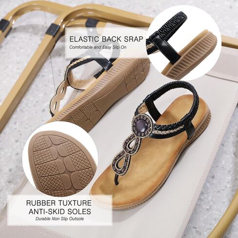 صنادل مسطحة للنساء من WESIDOM، صنادل شاطئ صيفية داعمة للقوس وحجر الراين على شكل حرف T وحزام مطاطي ونعل مطاطي in Kuwait