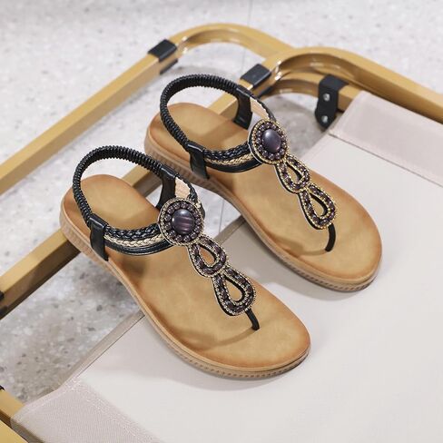 صنادل مسطحة للنساء من WESIDOM، صنادل شاطئ صيفية داعمة للقوس وحجر الراين على شكل حرف T وحزام مطاطي ونعل مطاطي in Kuwait