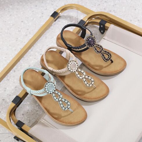 صنادل مسطحة للنساء من WESIDOM، صنادل شاطئ صيفية داعمة للقوس وحجر الراين على شكل حرف T وحزام مطاطي ونعل مطاطي in Kuwait