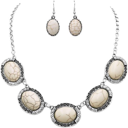 Rosemarie Collections Women’s Western Style Concho Oval Howlite Stones With Dainty Crystal Rhinestone Detail Statement Necklace Earrings Set, 17"+3" Extender in Saudi Arabia