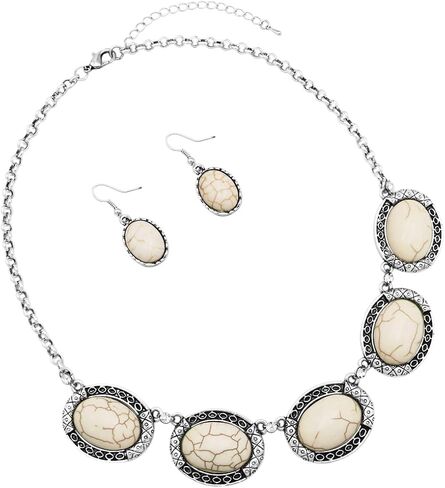 Rosemarie Collections Women’s Western Style Concho Oval Howlite Stones With Dainty Crystal Rhinestone Detail Statement Necklace Earrings Set, 17"+3" Extender in Saudi Arabia