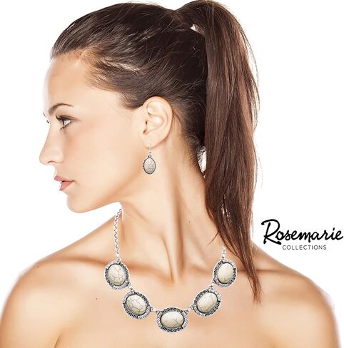 Rosemarie Collections Women’s Western Style Concho Oval Howlite Stones With Dainty Crystal Rhinestone Detail Statement Necklace Earrings Set, 17"+3" Extender in Saudi Arabia