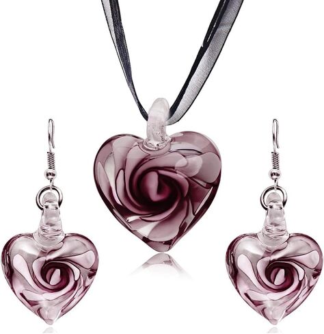Handmade Inspired Glass - Glass Rose - Heart Pendant Necklace Set in Saudi Arabia