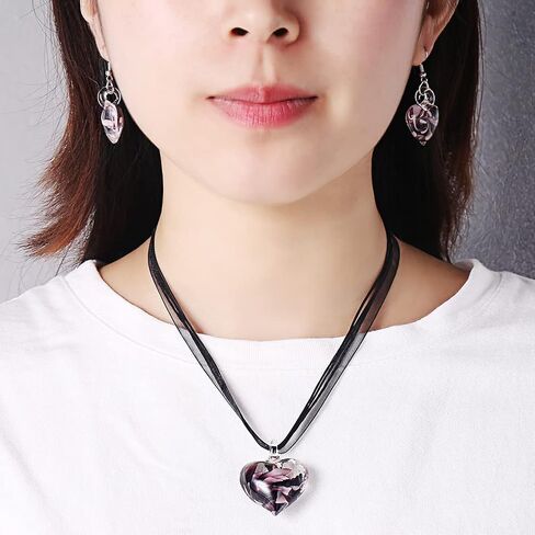 Handmade Inspired Glass - Glass Rose - Heart Pendant Necklace Set in Saudi Arabia