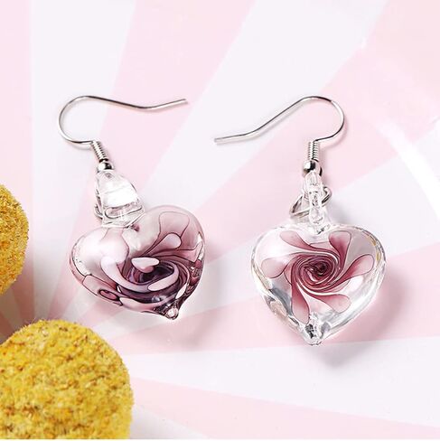 Handmade Inspired Glass - Glass Rose - Heart Pendant Necklace Set in Saudi Arabia