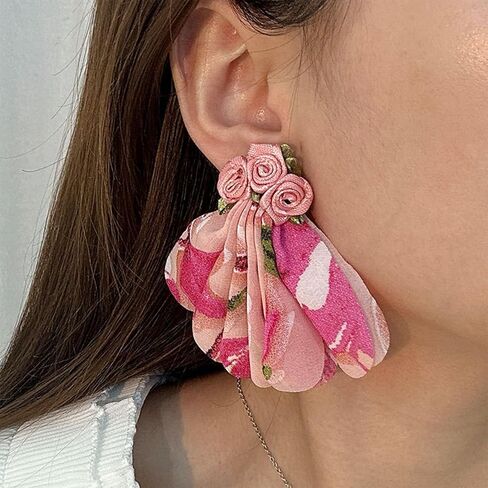 RCHENGYANUIMA Boho Chiffon Fabric Flower Floral Tassel Stud Earrings for Women Girls Wedding Gifts Jewelry in Saudi Arabia
