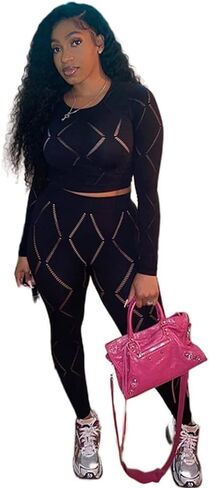 Women's Workout 2 Piece Outfits Crop Top High Waisted Legging Pants Set Long Sleeve Hollow Track Suits Jumpsuit in Saudi Arabia