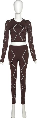 Women's Workout 2 Piece Outfits Crop Top High Waisted Legging Pants Set Long Sleeve Hollow Track Suits Jumpsuit in Saudi Arabia
