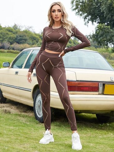 Women's Workout 2 Piece Outfits Crop Top High Waisted Legging Pants Set Long Sleeve Hollow Track Suits Jumpsuit in Saudi Arabia