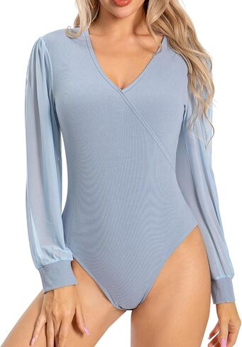 VELYROAK Mesh Long Sleeve Ribbed Knit Bodysuit for Women V Neck Body Suit Women's Slimming Soft Stretch Slim Fit Going Out Casual Tops in Saudi Arabia