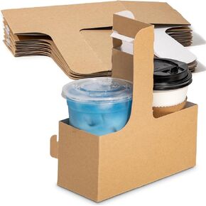 FMP Brands 2 Cup Drink Carrier with Handle, Kraft Paperboard to Go Coffee Cups Holder 12-30 oz for Cold/Hot Drinks, Portable Foldable Drink Carrier for Delivery, Uber Eats, Made in USA-15 Pack