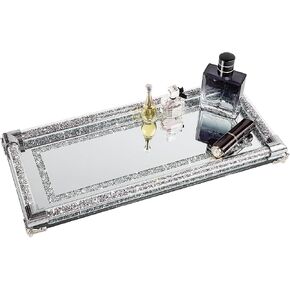 SHYFOY 12.5in Mirror Glass Perfume Tray Silver Ornate Vanity Tray Rectangle Makeup Tray Dresser Diamond Tray Jewelry Trinket Organizer Tray for Bathroom Storage Tray for Home Decor