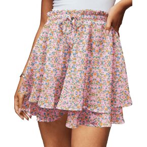 Women's Flowy Floral Boho Skort Summer Casual Ruffle Elastic High Waist Layered Running Tennis Mini Skirts