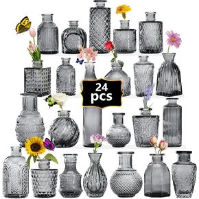 Mini Bud Vases As Wedding Centerpieces for Tables,Clear Bud Vases for Flowers,Small Flower Vases Suitable for Birthday Party,Anniversary,Wedding Reception,Baby Shower (Amber, 24PCS)