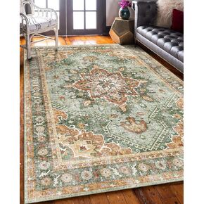 Area Rug 5'x7' - Vintage Design Washable Living Room Rug with Non-Slip Rubber Backing, Non-Shedding, Faux Wool Vintage Boho Area Rug for Bedroom, Dining Room and Laundry Room