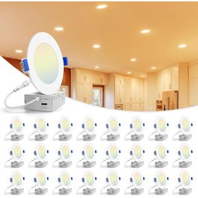 VOLISUN 24 Pack 6 inch Recessed Lighting, 5CCT LED Recessed Light with Junction Box, 2700K-5000K Selectable, 13W Eqv 120W, 1080LM Dimmable Canless Wafer Downlight, LED Ceiling Light ETL Certificated