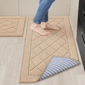 BEQHAUSE Kitchen Rugs Non Slip with Self-Adhesive Backing Kitchen Mats for Floor Washable Kitchen Floor Mats Soft Polyester Beige Kitchen Rugs Sets of 2 Pieces 20"x30"/20"x48"