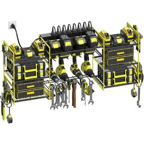 CCCEI Black Power Tools Organizers Wall Mount, Large Tools and Battery Storage Rack Charging Station. 8 Drill Holder, All Metal, Garage Utility Shelves with 6FT Power Strip. Gift for Men.