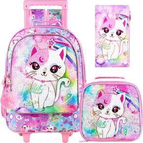 KLFVB Rolling Backpack for Girls Boys, Kids Roller Wheels School Bookbag with Lunch Bag, Wheeled School Bag for Children