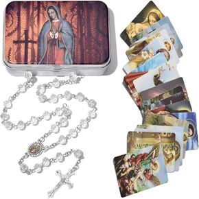 Rosary Crystal Bead Catholic Necklace Holy Soil Medal Cross Crucifix Rosary with Metal Box and 18Pcs Holy Card
