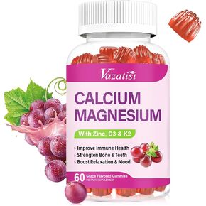 Calcium Magnesium Zinc Gummies with Vitamin D3 and K2, High Absorption Magnesium Glycinate Potassium for Immune, Bone, Muscles and Calm Mood, Grape Flavor 60 Gummies