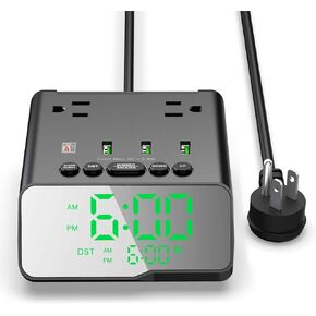 Kungfuking Electronic Alarm Clock with USB Power Strip, PD 20W Alarm Clock Charging Station with 4 USB Max 3.4A/Port and 2 Outlets, 1700J Surge Protection Desk Outlet for Travel, Home, Hotel