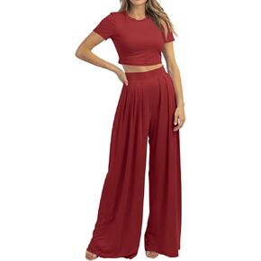 Cosonsen Women 2 Piece Outfits Summer Casual Short Sleeve Crop Tops Wide Leg Pants Lounge Set Tracksuit