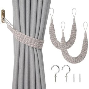 NICEEC 2 Pack Natural Cotton Rope Curtain Tiebacks Elegant Grid Style Decorative Drape Tie Backs Soft Hand-Woven Rope Curtain Holdbacks with Metal Hook for Home & Office Drapery (Beige-G)
