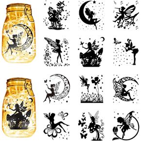 CREATCABIN 12Pcs Butterfly Fairy Silhouettes Mason Jar Decor Angel Laser Cut Cardboard Scrapbook Cutouts Die Cuts PVC for Crafting Lantern Jars Wall Painting Window Glass Phones 3.9x3.5Inch-No Sticker