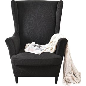 Stretch Wingback Chair Covers, MINGPINHUIUS 2 Piece Armchair Slipcover Knitted Jacquard Wingback Sofa Chair Slipcover Furniture Protector for Living Room Bedroom (Leaf-Dark Grey)