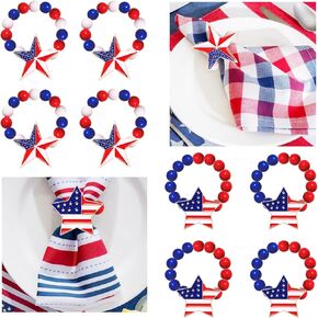 4th of July Napkin Rings Red White Blue Beads Napkin Rings Holders Rhinestone Independence Day Patriotic Napkin Rings Set Beads Napkin Rings for Family Party Table Decoration (Star Charm)