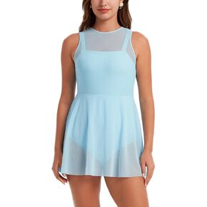 ECUPPER Women One Piece Swim Dress High Neck Mesh Overlay Skirted Swimsuits Flowy Tummy Control Bathing Suit Built in Briefs