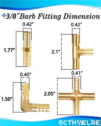 Brass Hose Barb Fittings 1/4" Set 10 Pcs, Straight 2-Way, L Right Angle Elbow, Y-Shape, Tee-Shape, 4-Way Hose Barb 2 of each with Stainless Steel Pipe Clamps for Pipe line Fuel Air Oil in Saudi Arabia
