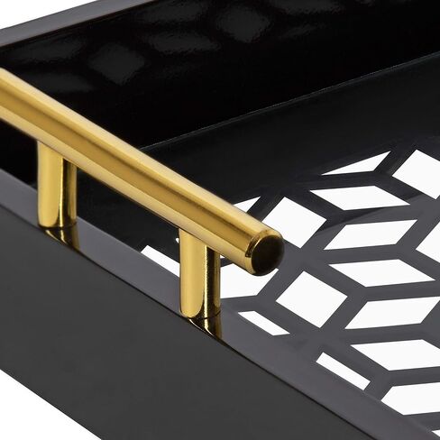 Kate and Laurel Caspen Cut Out Pattern Decorative Rectangle Tray with Gold Metal Handles, 24 x 10, White and Gold, Modern Glam Narrow Serving Tray with Handles for Living Room Decor in Saudi Arabia