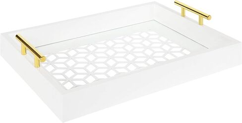 Kate and Laurel Caspen Cut Out Pattern Decorative Rectangle Tray with Gold Metal Handles, 24 x 10, White and Gold, Modern Glam Narrow Serving Tray with Handles for Living Room Decor in Saudi Arabia