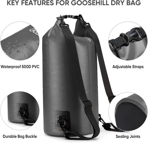 Goosehill Waterproof Bag 5L 10L 20L with Durable Plato 500D PVC Material, Floating Roll Top Dry Bag for Beach/Paddleboarding/Kayaking/Boating/Swimming/Fishing, 2 STRAPS in Saudi Arabia