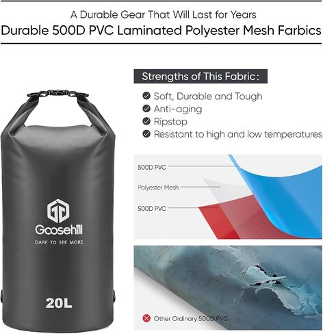 Goosehill Waterproof Bag 5L 10L 20L with Durable Plato 500D PVC Material, Floating Roll Top Dry Bag for Beach/Paddleboarding/Kayaking/Boating/Swimming/Fishing, 2 STRAPS in Saudi Arabia
