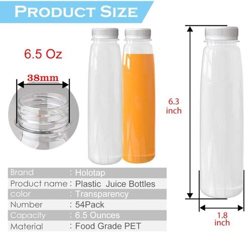 Holotap 54 Pack 7OZ Plastic Bottles with Caps, Empty PET Disposable Plastic Juice Bottles Bulk for Liquids with Black Tamper Evident Lids (7 OZ, Black) in Saudi Arabia