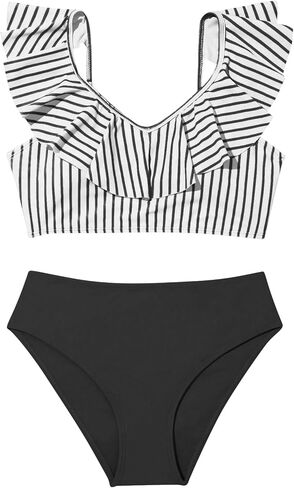 Girl's 2 Piece Swimsuits Stripe Ruffle Sleeveless Cute Bikini Sets High Waisted Bathing Suit in Saudi Arabia