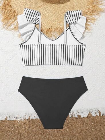 Girl's 2 Piece Swimsuits Stripe Ruffle Sleeveless Cute Bikini Sets High Waisted Bathing Suit in Saudi Arabia