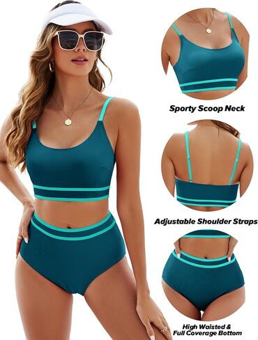 ملابس سباحة نسائية Adisputent أطقم بيكيني مضلعة ملونة عالية الخصر 2024 ملابس سباحة رياضية مكونة من قطعتين in Kuwait