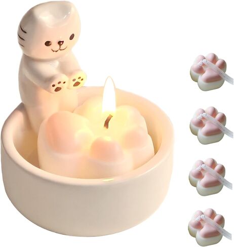 Kitten Candle Holder with 1 Cat Paw Tealight Candle, Ceramic Cat Mon Gifts, Cute Cat Home Decor Candlestick, Cat Lover Gifts for Women in Saudi Arabia