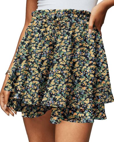Women's Flowy Floral Boho Skort Summer Casual Ruffle Elastic High Waist Layered Running Tennis Mini Skirts in Saudi Arabia