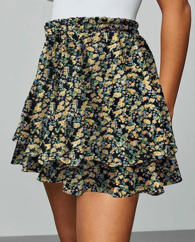 Women's Flowy Floral Boho Skort Summer Casual Ruffle Elastic High Waist Layered Running Tennis Mini Skirts in Saudi Arabia