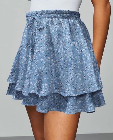 Women's Flowy Floral Boho Skort Summer Casual Ruffle Elastic High Waist Layered Running Tennis Mini Skirts in Saudi Arabia