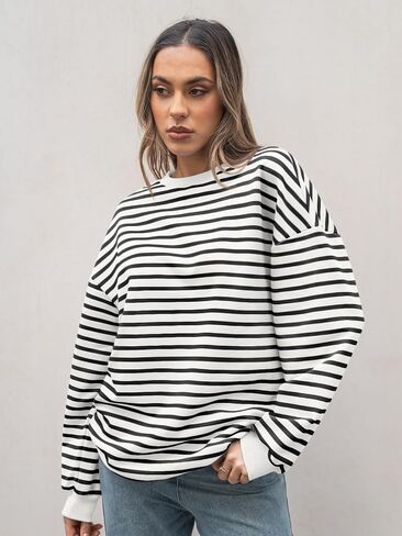 Trendy Queen Women's Oversized Crewneck Striped Sweatshirt in Saudi Arabia