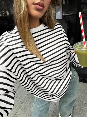 Trendy Queen Women's Oversized Crewneck Striped Sweatshirt in Saudi Arabia