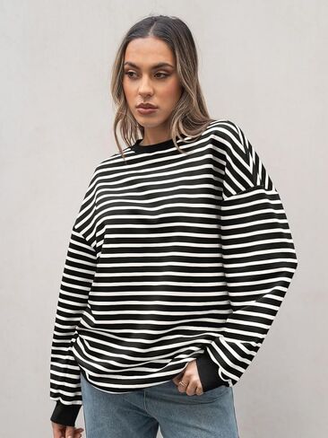 Trendy Queen Women's Oversized Crewneck Striped Sweatshirt in Saudi Arabia