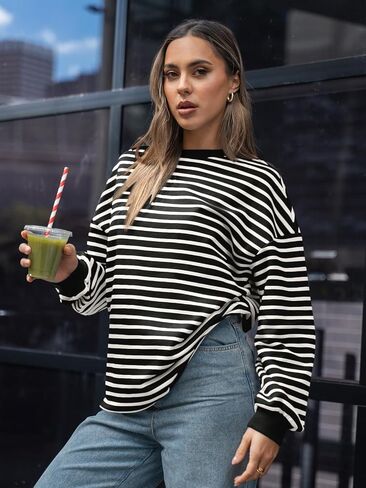 Trendy Queen Women's Oversized Crewneck Striped Sweatshirt in Saudi Arabia